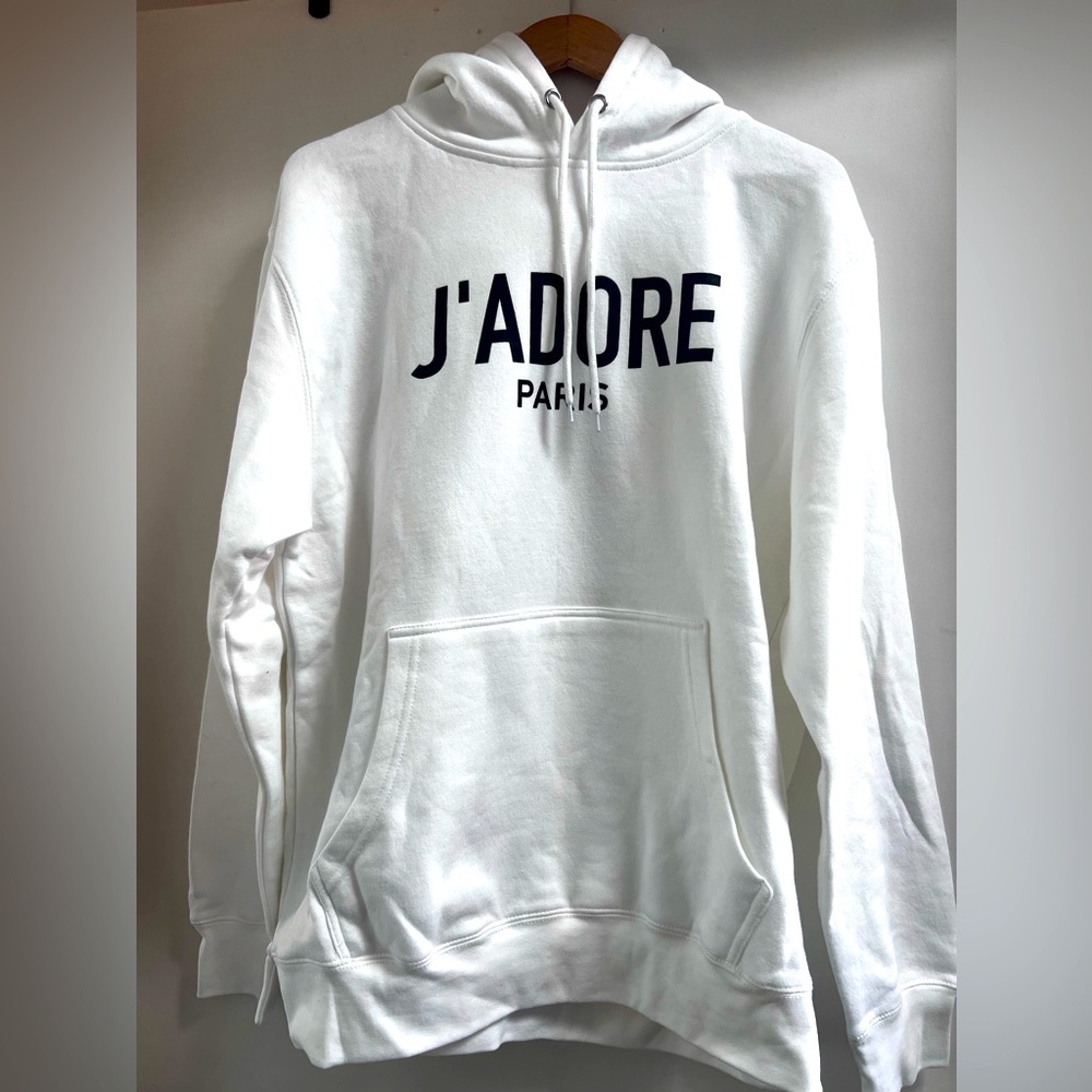 NEW White w/ Black J'ADORE Graphic Hoodie-Large - Picture 4 of 7